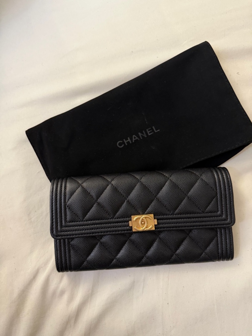 CHANEL Black Quilted Wallet with Gold CC Turnlock